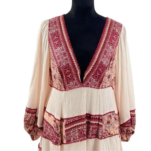 Free Peope My Love Balloon Sleeve Mixed Print V Neck Long  Sleeve Small - Picture 5 of 13